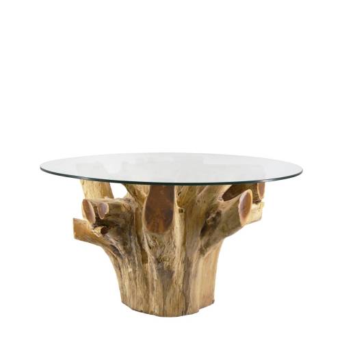 TABLE BASSE RACINE TECK BLANCHIE AVEC VERRE