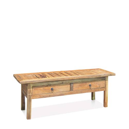TABLE BASSE RUSTIQUE EN TECK 2 TIROIRS