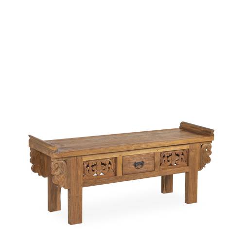 BOUT DE LIT SCULPTÉE EN TECK 1 TIROIR