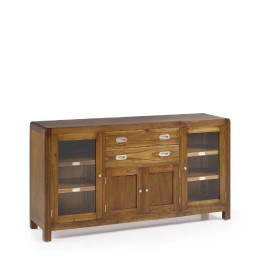 Buffet contemporain en bois avec deux portes en verre et deux tiroirs