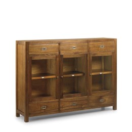 Buffet haut en bois contemporain avec 6 tiroirs et 3 portes