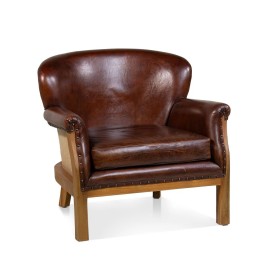 FAUTEUIL À OREILLES EN CUIR ET TECK pour Salon