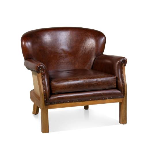 FAUTEUIL À OREILLES EN CUIR ET TECK
