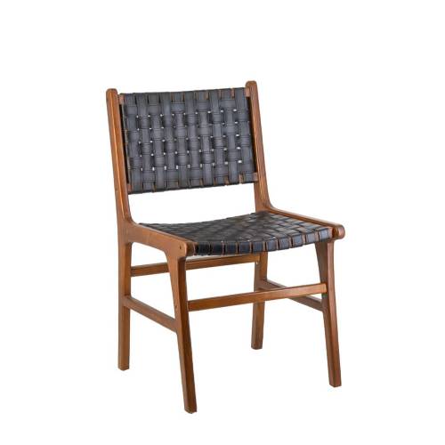 CHAISE EN TECK ET CUIR NOIR