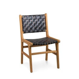 CHAISE EN TECK NATUREL CUIR NOIR pour Salle à Manger