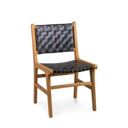 CHAISE EN TECK NATUREL ET CUIR NOIR