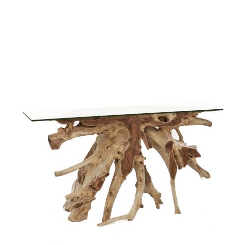 CONSOLE RACINE TECK POLI AVEC VERRE