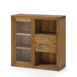 Vitrine contemporaine en bois massif avec deux tiroirs et un porte.