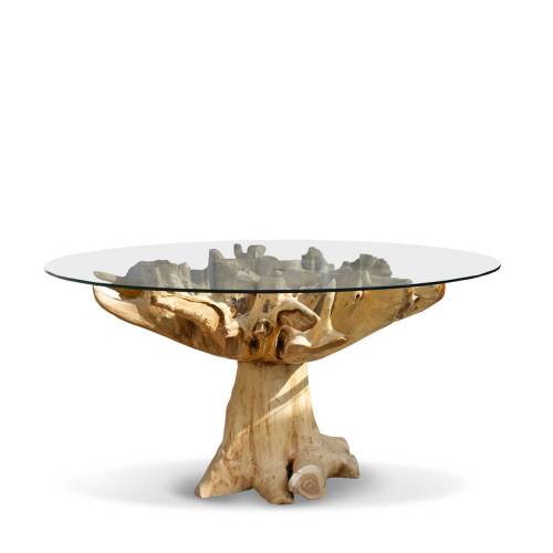 TABLE RACINE TECK BLANCHIE 2 PIÈCES AVEC VERRE