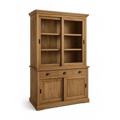 VITRINE FEROE EN TECK 3 TIROIRS 2 PORTES COULISSANTES