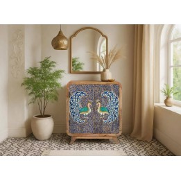 Meuble d'appoint en bois de manguier avec motif de paon bleu et or