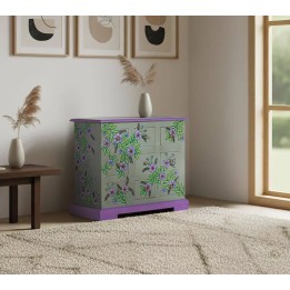 Commode en bois de manguier avec motif floral unique et poignées mé...