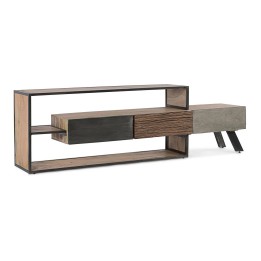 Meuble TV 3 tiroirs en bois massif contemporain iconique.