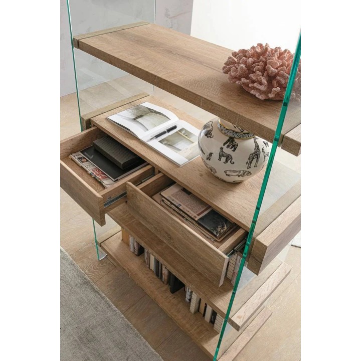Bibliothèque en bois 4 niveaux avec 2 tiroirs contemporaine