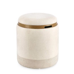 Pouf de rangement en bois massif naturel et gris clair.