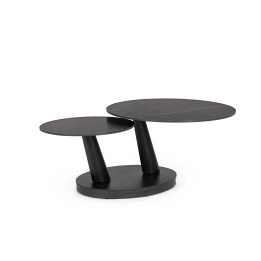 Table basse en bois contemporaine avec pieds élargis.
