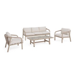 Ce salon extérieur en aluminium peint à poudre, avec effet bois,