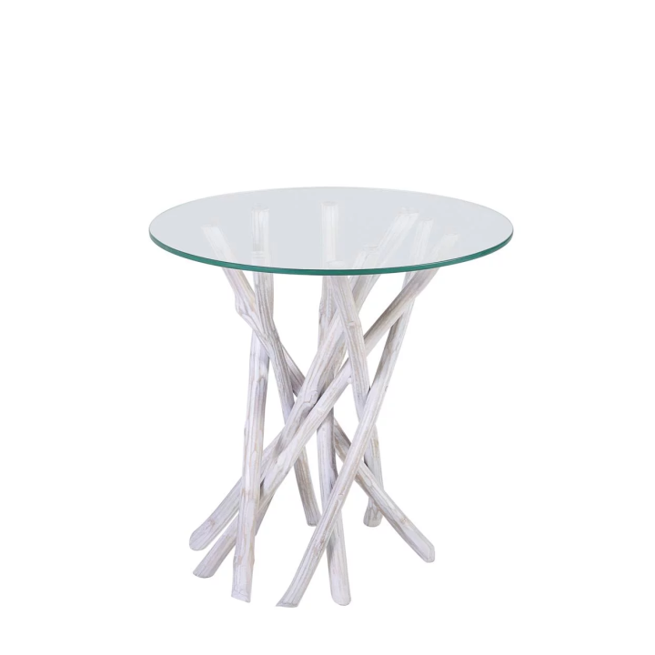 Table auxiliaire en bois recyclé avec cristal blanc pour un salon c...