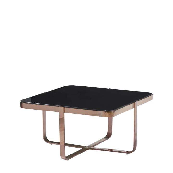 Table Basse Carrée en Bois avec Acier Inoxydable & Verre Trempé
