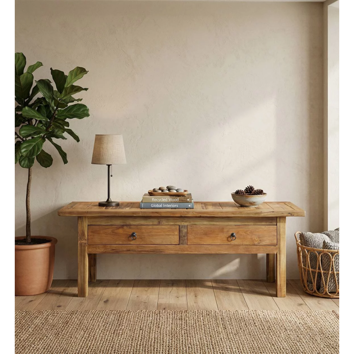 Table Basse en Teck avec 2 Tiroirs en Design Naturel Cette table ba...