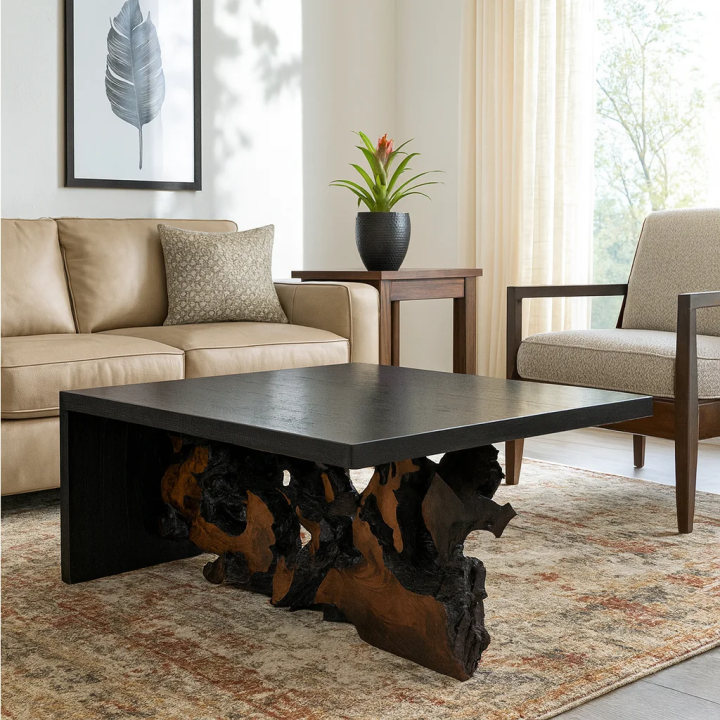 Table Basse Bois de Teck Organiques pour Salon Contemporain, signat...