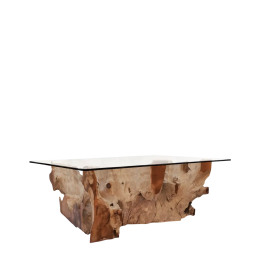 Table Basse en Bois de Teck avec Verre pour Salon Contemporain Cett...