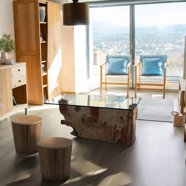 Table Basse en Bois de Teck avec Verre pour Salon Contemporain Cett...